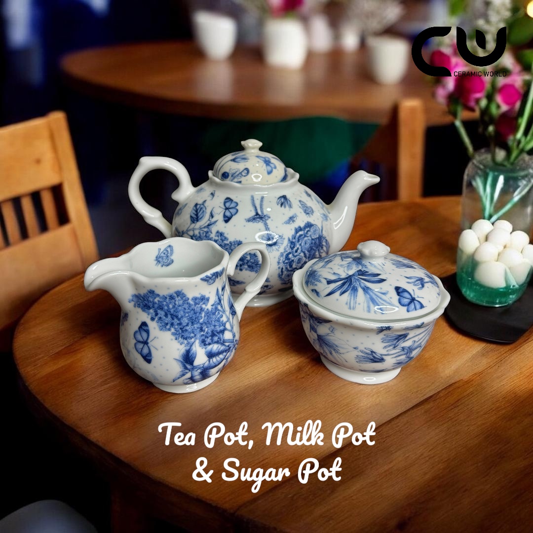 Tea pot (big), Milk pot, Sugar pot - Botanic Blue - 7TP